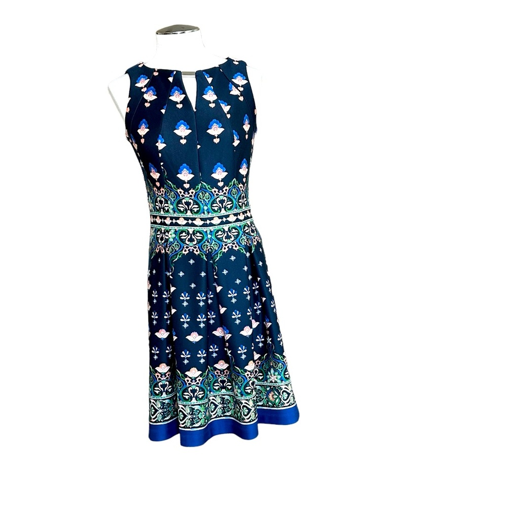Gabby Skye Women's Patterned Dress Pleated A line sleeveless navy jewel tones 4